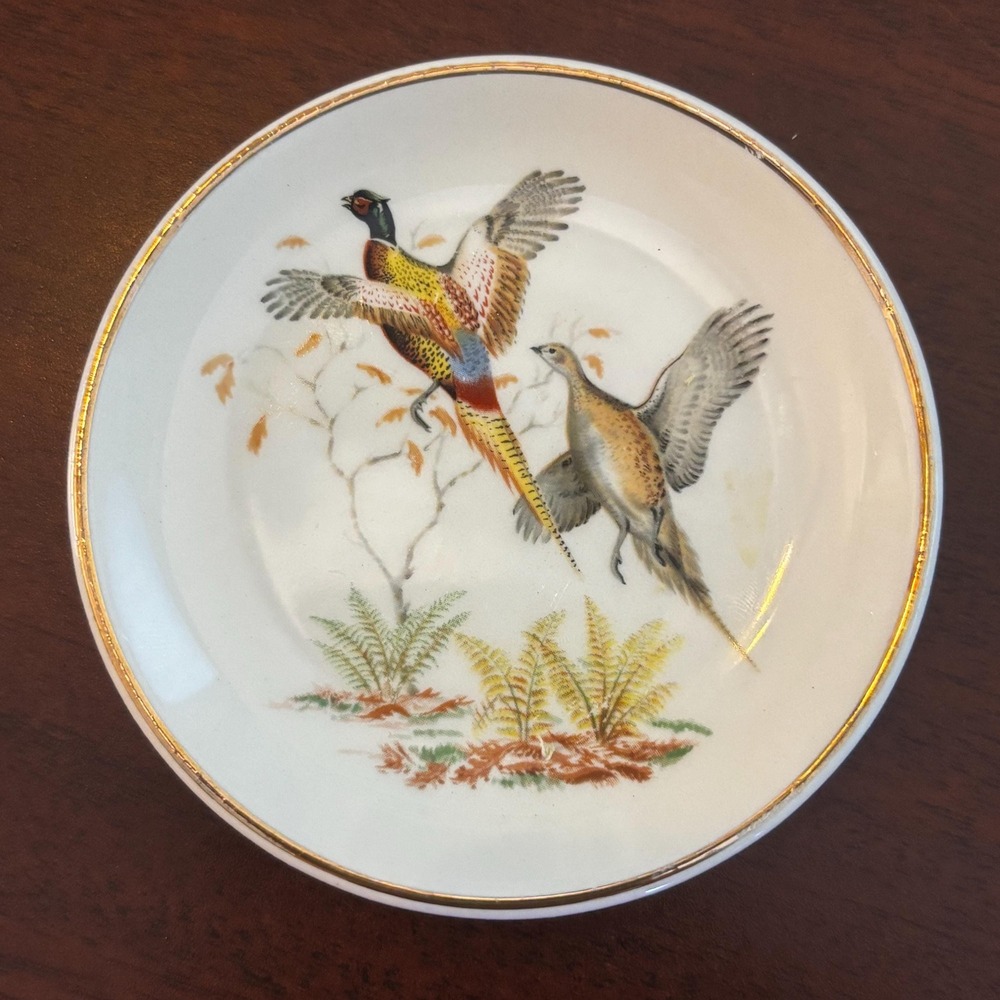 Vintage Salem China "Les Touzalin" 3.5" Dish – Pheasants in Flight, Gold Rim